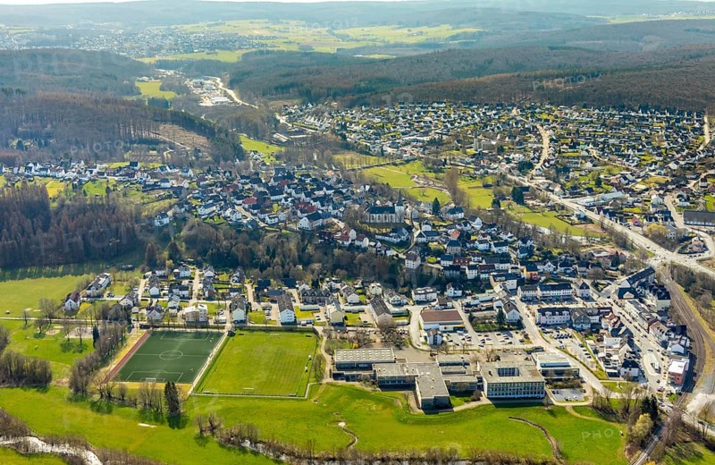 Aerial view, view of Belecke, Warstein secondary school, Möhnetal sports centre, Warstein, North Rhine-Westphalia, Germany