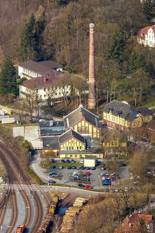 Aerial view, Warstein goods station, LWL boiler house with chimney, Warstein, North Rhine-Westphalia, Germany