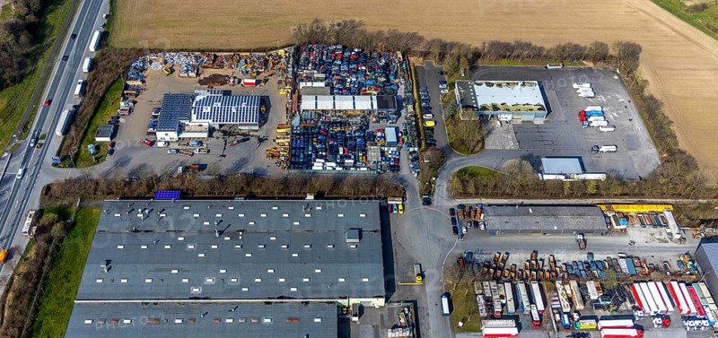 Aerial view, Hammer Straße industrial estate, Am Maifeld, Bellof GmbH Autoverwertung, Werl, North Rhine-Westphalia, Germany