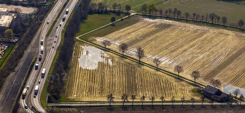 Aerial photograph, flooded meadow area, arable land, near Hammer Straße industrial estate, Werl, North Rhine-Westphalia, Germany