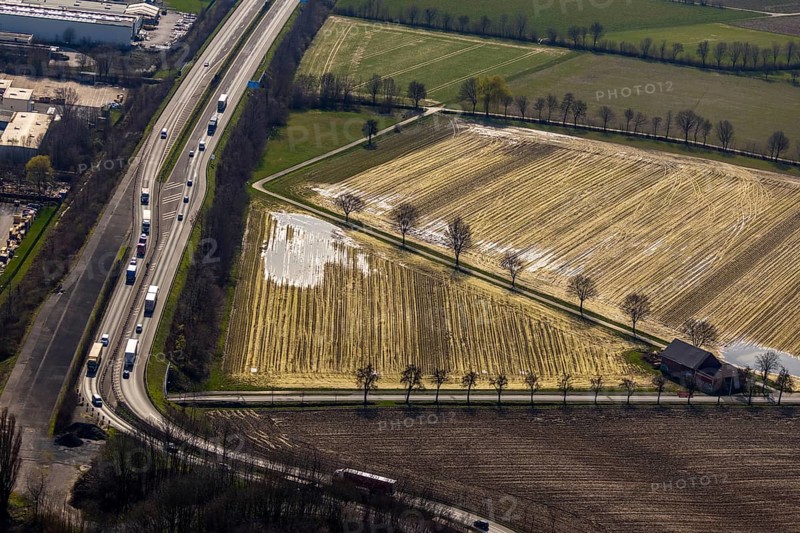 Aerial photograph, flooded meadow area, arable land, near Hammer Straße industrial estate, Werl, North Rhine-Westphalia, Germany