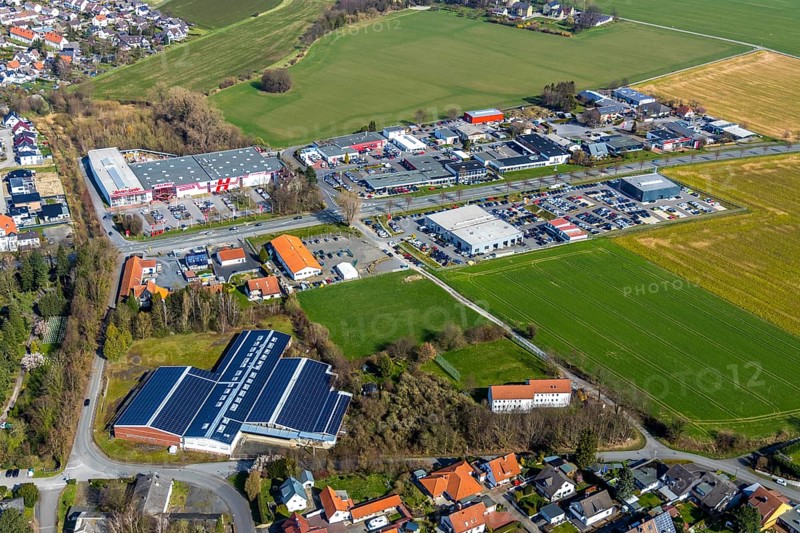 Aerial view, Soester Straße industrial estate, Hellweg DIY store, Werl, North Rhine-Westphalia, Germany