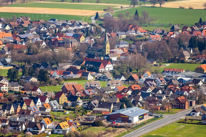 Aerial view, residential area, St. Cäcilia Westönnen Catholic Church, Werl, North Rhine-Westphalia, Germany