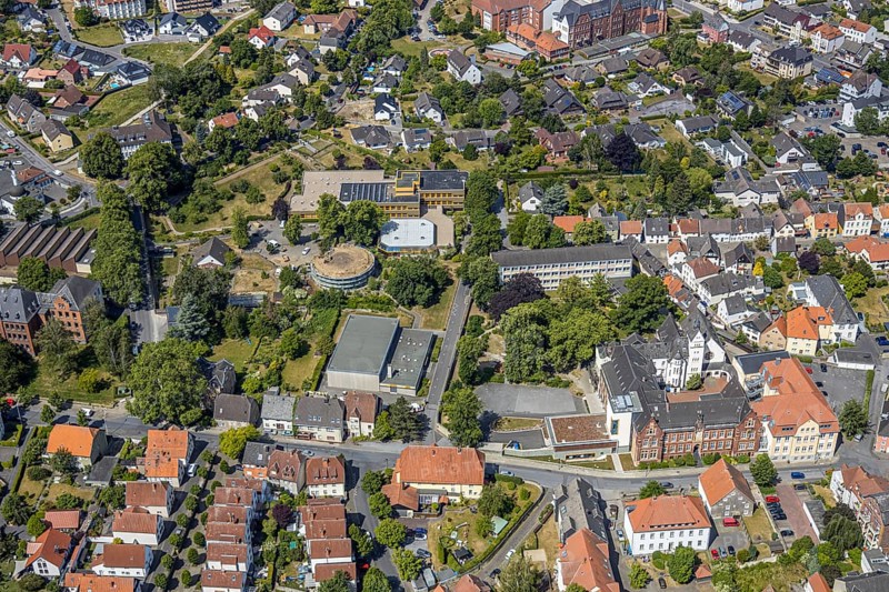 Aerial view, renovation of the ruins of the former electoral town palace, Ursulinen-Gymnasium, Werl, Soester Börde, North Rhine-Westphalia, Germany