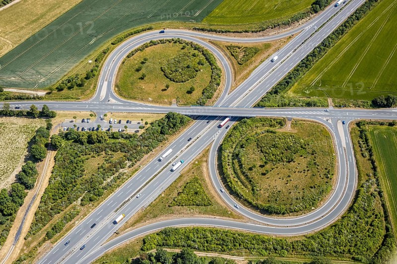 Aerial view, motorway A44 junction 55 Werl-Süd, car park Werl-Süd, federal road B516, Neheimer Straße, Werl, Soester Börde, North Rhine-Westphalia, Germany