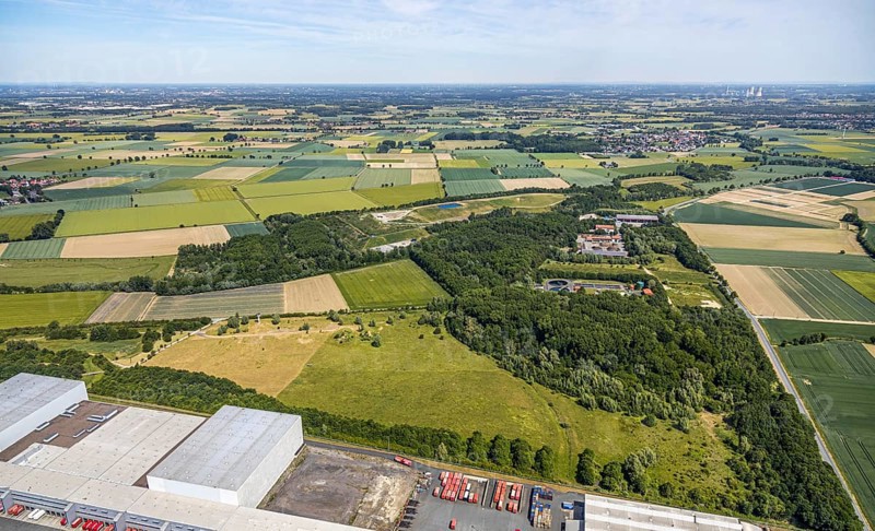 Aerial view, ATU warehouse, Werl sewage treatment plant, Soest waste management company, KonWerl industrial estate, Werl, Soester Börde, North Rhine-Westphalia, Germany