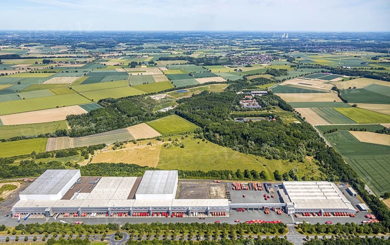 Aerial view, ATU warehouse, Werl sewage treatment plant, Soest waste management company, KonWerl industrial estate, Werl, Soester Börde, North Rhine-Westphalia, Germany