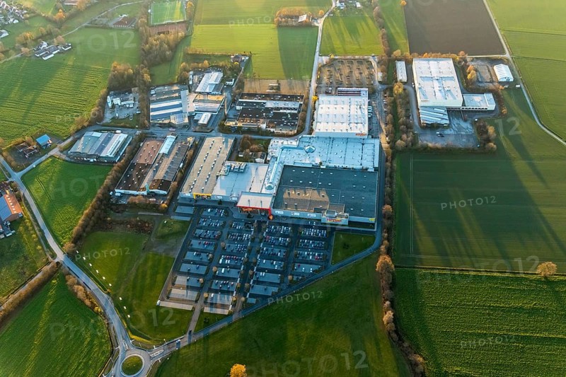 Aerial view, Processionsweg industrial estate, Möbel Turflon, car parks, Werl, North Rhine-Westphalia, Germany