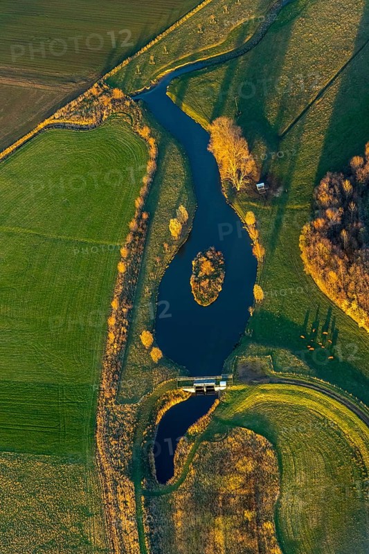 Aerial view, Sönnerbach and Salzbach streams and pond in autumn landscape, Werl, North Rhine-Westphalia, Germany