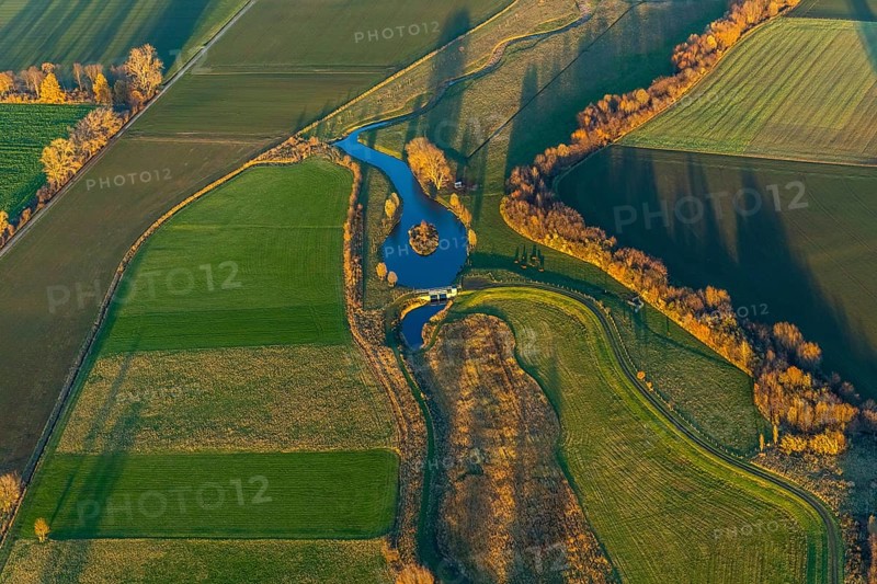 Aerial view, Sönnerbach and Salzbach streams and pond in autumn landscape, Werl, North Rhine-Westphalia, Germany
