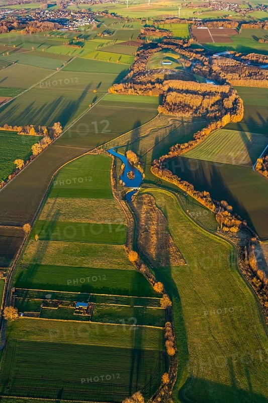 Aerial view, Sönnerbach and Salzbach streams and pond in autumn landscape, Werl, North Rhine-Westphalia, Germany
