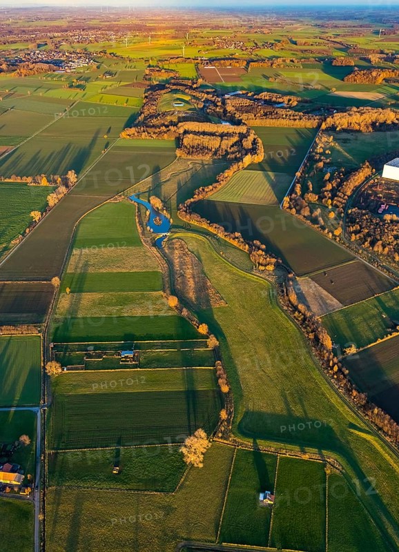Aerial view, Sönnerbach and Salzbach streams and pond in autumn landscape, Werl, North Rhine-Westphalia, Germany