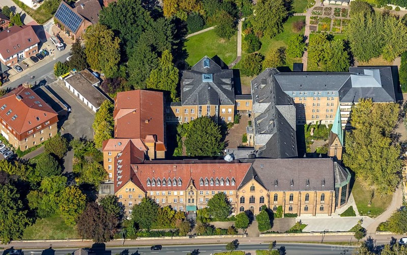 Aerial view, Congregation of the Franciscan Sisters of Salzkotten, Salzkotten, OWL, East Westphalia-Lippe, East Westphalia, North Rhine-Westphalia, Germany, place of worship, DE, Europe, religious community, place of worship, holy place, church, parish, monastery, denomination, aerial view, aerial photography, aerial photography, OWL book, OWL book, Paderborner Straße, religion, religious site, overview, bird's-eye view, overview