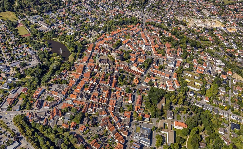 Aerial view, city overview, St. Ägidius Church, Wiedenbrück, Rheda-Wiedenbrück, East Westphalia, North Rhine-Westphalia, Germany, DE, Europe, birds-eyes view, aerial photography, aerial photography, aerial photography, overview, bird's eye view