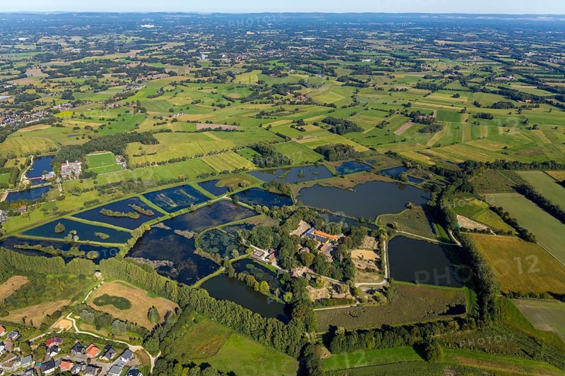 Aerial view, Rietberg estate, pond meadows, Rietberg fish ponds, Rietberg, OWL, East Westphalia-Lippe, East Westphalia, North Rhine-Westphalia, Germany, DE, Europe, river Ems, moat, aerial view, aerial photography, aerial photography, mosaic form, OWL book, OWL book, Rietberg Ems lowlands, Rietberg castle, castle road, overview, bird's-eye view, Weser Renaissance, meadows and fields, birds-eyes view, overview