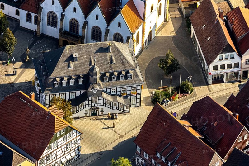 Aerial view, Rietberg town hall, Rietberg, OWL, Ostwestfalen-Lippe, East Westphalia, North Rhine-Westphalia, Germany, authority, DE, Europe, half-timbered houses, aerial view, aerial photography, aerial photography, OWL book, OWL book, town hall, town hall street, sight, city administration, overview, bird's-eye view, overview