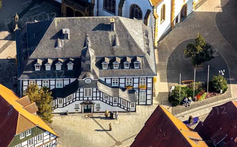 Aerial view, Rietberg town hall, Rietberg, OWL, Ostwestfalen-Lippe, East Westphalia, North Rhine-Westphalia, Germany, authority, DE, Europe, half-timbered houses, aerial view, aerial photography, aerial photography, OWL book, OWL book, town hall, town hall street, sight, city administration, overview, bird's-eye view, overview