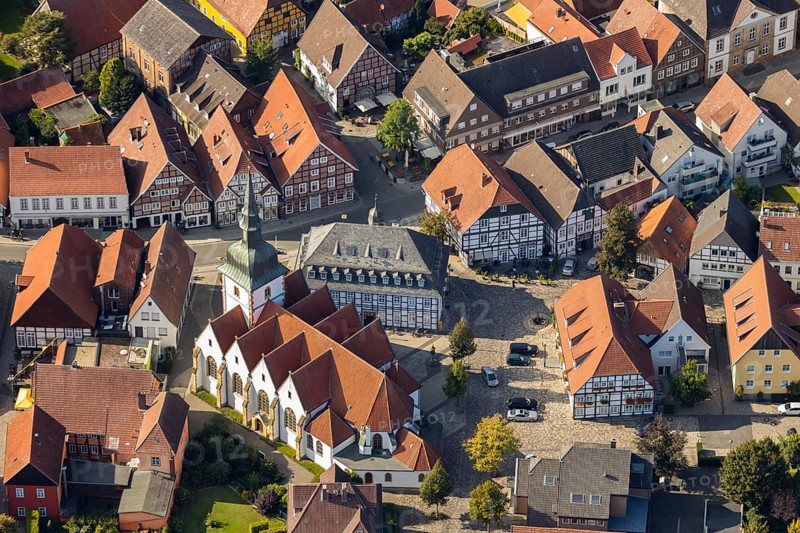 Aerial view, old town centre, Rietberg town hall, catholic parish church St. Johannes Baptist, Rietberg, OWL, Ostwestfalen-Lippe, East Westphalia, North Rhine-Westphalia, Germany, Old Town Bolzenmarkt, Old Town view, place of worship, authority, DE, Europe, half-timbered houses, religious community, place of worship, holy site, church, parish, denomination, aerial view, aerial photography, aerial photography, OWL-Buch, OWL-Buch, parish church, town hall, Rathausstraße, religion, religious site, place of interest, city administration, overview, administration, bird's-eye view, birds-eyes view, historic city centre, overview