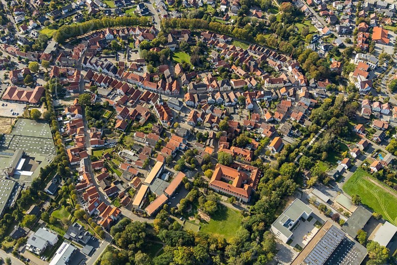 Aerial view, Old Town, Rietberg Town Hall, St. Johannes Baptist Catholic Parish Church, Rietberg, OWL, East Westphalia-Lippe, East Westphalia, North Rhine-Westphalia, Germany, Old People's Home, St. Johannes Baptist Nursing Home, Old People's Home, Old Town Bolzenmarkt, Old Town View, Old Town Ring, Place of Worship, Authority, Care and Nursing, DE, Europe, Half-timbered houses, Religious Community, House of God, Holy Place, Church, Church Community, Convent Church St. Katharina, denomination, aerial view, aerial photography, aerial photography, OWL-Buch, OWLBuch, parish church, care facility, town hall, Rathausstraße, religion, religious site, place of interest, retirement home, retirement residence, retirement home, retirement centre, city administration, overview, administration, bird's-eye view, birds-eyes view, historic city centre, overview
