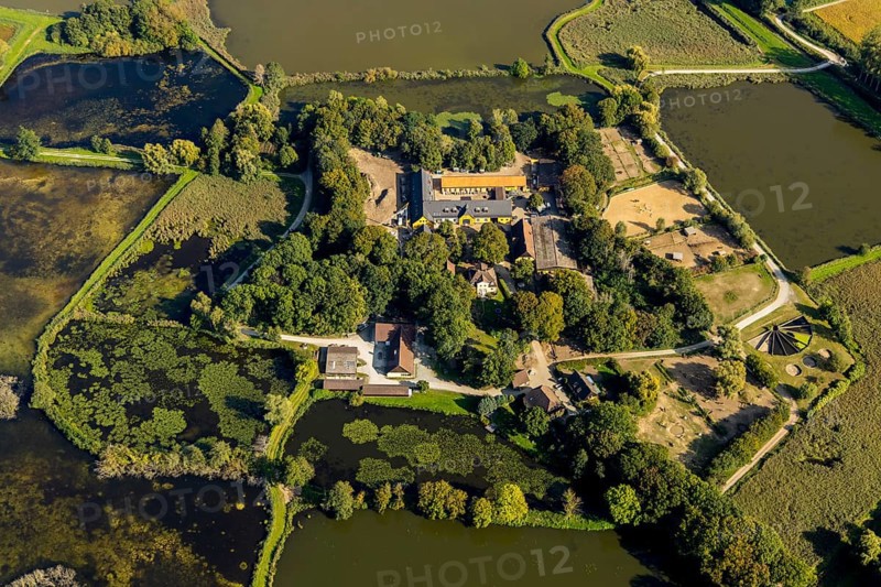 Aerial view, Rietberg estate, pond meadows, Rietberg fish ponds, Rietberg, OWL, East Westphalia-Lippe, East Westphalia, North Rhine-Westphalia, Germany, DE, Europe, river Ems, moat, aerial view, aerial photography, aerial photography, mosaic form, OWL book, OWL book, Rietberg Ems lowlands, Rietberg castle, castle road, overview, bird's-eye view, Weser Renaissance, meadows and fields, birds-eyes view, overview