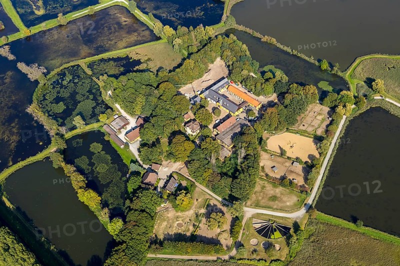 Aerial view, Rietberg estate, pond meadows, Rietberg fish ponds, Rietberg, OWL, East Westphalia-Lippe, East Westphalia, North Rhine-Westphalia, Germany, DE, Europe, river Ems, moat, aerial view, aerial photography, aerial photography, mosaic form, OWL book, OWL book, Rietberg Ems lowlands, Rietberg castle, castle road, overview, bird's-eye view, Weser Renaissance, meadows and fields, birds-eyes view, overview