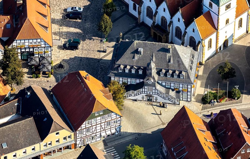 Aerial view, Rietberg town hall, Rietberg, OWL, Ostwestfalen-Lippe, East Westphalia, North Rhine-Westphalia, Germany, authority, DE, Europe, half-timbered houses, aerial view, aerial photography, aerial photography, OWL book, OWL book, town hall, town hall street, sight, city administration, overview, bird's-eye view, overview