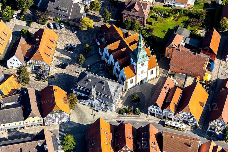 Aerial view, Rietberg town hall, catholic parish church St. Johannes Baptist, Rietberg, OWL, Ostwestfalen-Lippe, East Westphalia, North Rhine-Westphalia, Germany, Old Town, Old Town Bolzenmarkt, Old Town view, place of worship, authority, DE, Europe, half-timbered houses, religious community, place of worship, holy place, church, parish, denomination, aerial view, aerial photography, aerial photography, OWL-Buch, OWL-Buch, parish church, town hall, Rathausstraße, religion, religious site, place of interest, city administration, overview, administration, bird's-eye view, birds-eyes view, historic city centre, overview