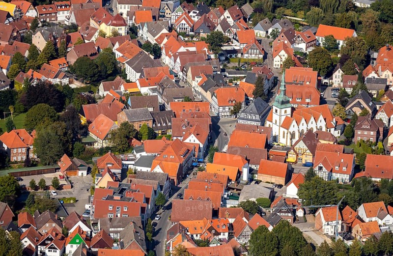 Aerial view, old town centre, Rietberg town hall, catholic parish church St. Johannes Baptist, Rietberg, OWL, Ostwestfalen-Lippe, East Westphalia, North Rhine-Westphalia, Germany, Old Town Bolzenmarkt, Old Town view, place of worship, authority, DE, Europe, half-timbered houses, religious community, place of worship, holy site, church, parish, denomination, aerial view, aerial photography, aerial photography, OWL-Buch, OWL-Buch, parish church, town hall, Rathausstraße, religion, religious site, place of interest, city administration, overview, administration, bird's-eye view, birds-eyes view, historic city centre, overview