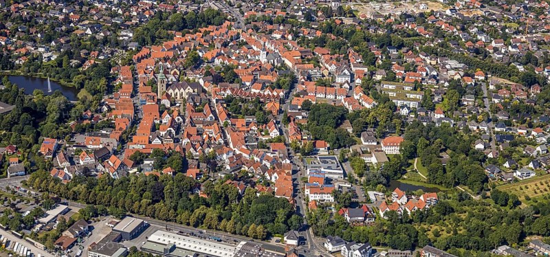 Aerial view, city overview, St. Ägidius Church, Wiedenbrück, Rheda-Wiedenbrück, East Westphalia, North Rhine-Westphalia, Germany, DE, Europe, birds-eyes view, aerial photography, aerial photography, aerial photography, overview, bird's eye view