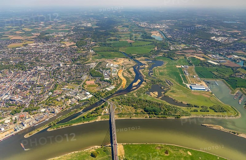 Aerial view, new mouth of the river Lippe near Wesel, Rhine, Rhine harbour, federal road connection B8 and B58, Wesel, Lower Rhine, Ruhr area, North Rhine-Westphalia, Germany
