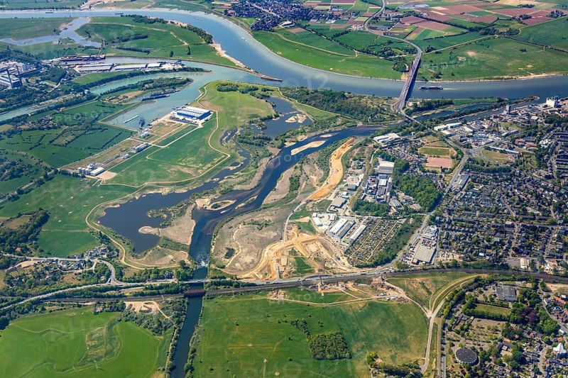 Aerial view, new mouth of the river Lippe near Wesel, Rhine, Rhine harbour, federal road connection B8 and B58, Wesel, Lower Rhine, Ruhr area, North Rhine-Westphalia, Germany