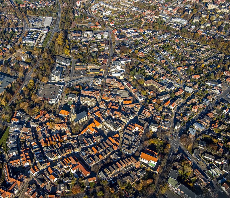 Aerial view, town centre, centre of Werne, St. Christophorus Church, historic town hall, Werne town hall, market square, churchyard, Steinstraße, Werne, Ruhr area, North Rhine-Westphalia, Germany