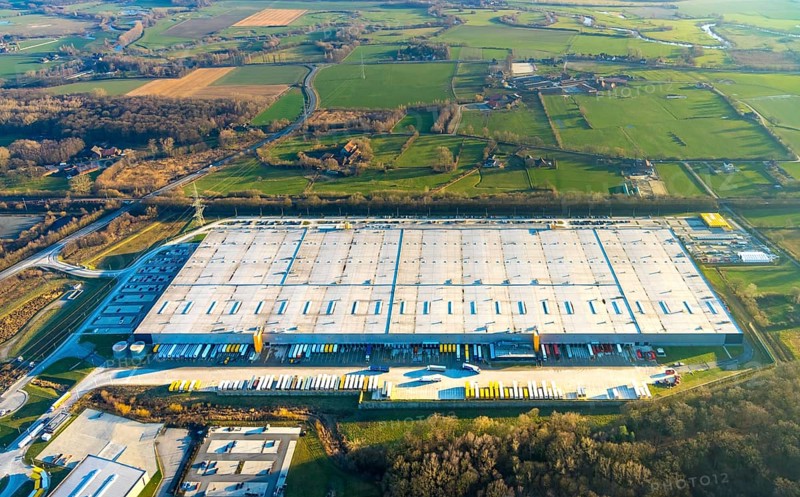 Aerial view, industrial estate in Lenklar, in the Wahrbrink-West industrial estate, Euroroll GmbH, new production facility, Amazon, Thermo Sensor, Rollex conveyor elements, Werne, Ruhr area, North Rhine-Westphalia, Germany