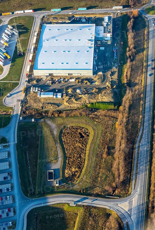 Aerial view, industrial estate in Lenklar, in the Wahrbrink-West industrial estate, Euroroll GmbH, new production facility, Amazon, Thermo Sensor, Rollex conveyor elements, Werne, Ruhr area, North Rhine-Westphalia, Germany