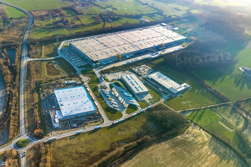 Aerial view, industrial estate in Lenklar, in the Wahrbrink-West industrial estate, Euroroll GmbH, new production facility, Amazon, Thermo Sensor, Rollex conveyor elements, Werne, Ruhr area, North Rhine-Westphalia, Germany