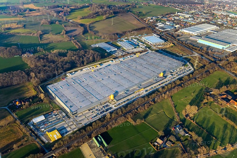 Aerial view, industrial estate in Lenklar, in the Wahrbrink-West industrial estate, Euroroll GmbH, new production facility, Amazon, Thermo Sensor, Rollex conveyor elements, Werne, Ruhr area, North Rhine-Westphalia, Germany