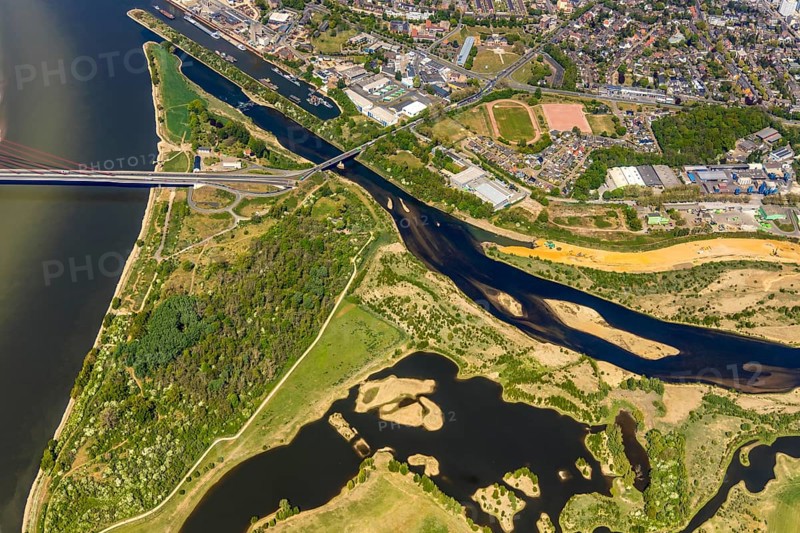 Aerial view, new mouth of the river Lippe near Wesel, Rhine, Rhine harbour, federal road connection B8 and B58, Wesel, Lower Rhine, Ruhr area, North Rhine-Westphalia, Germany