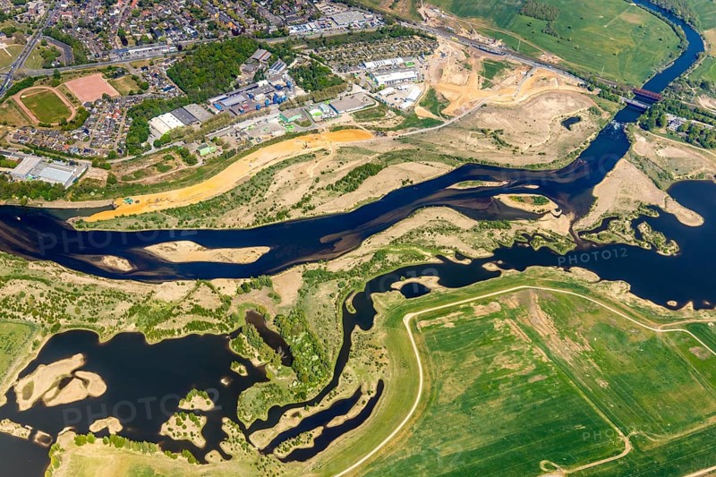Aerial view, new mouth of the river Lippe near Wesel, Rhine, Rhine harbour, federal road connection B8 and B58, Wesel, Lower Rhine, Ruhr area, North Rhine-Westphalia, Germany