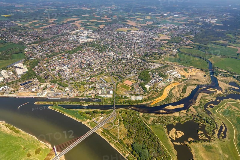 Aerial view, new mouth of the river Lippe near Wesel, Rhine, Rhine harbour, federal road connection B8 and B58, Wesel, Lower Rhine, Ruhr area, North Rhine-Westphalia, Germany