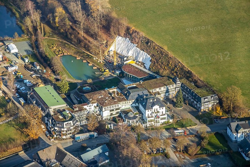 Aerial photo, Romantikhotel und Wellnesshotel Deimann, construction site renovation, Winkhausen, Schmallenberg, Sauerland, North Rhine-Westphalia, Germany, Alte Handelsstraße, construction work, construction, construction area, building site, building plots, construction project, construction site, beerhouse, café, DE, Europe, inn, gastronomy, hotel, hotel facilities, hotel business, aerial view, aerial photography, aerial photography, renovation, restaurant, refurbishment, overview, conversion work, bird's eye view, Zum Sorpetal, birds-eyes view, overview