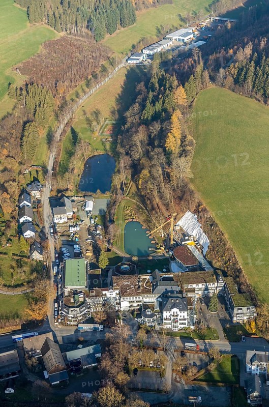 Aerial photo, Romantikhotel und Wellnesshotel Deimann, construction site renovation, Winkhausen, Schmallenberg, Sauerland, North Rhine-Westphalia, Germany, Alte Handelsstraße, construction work, construction, construction area, building site, building plots, construction project, construction site, beerhouse, café, DE, Europe, inn, gastronomy, hotel, hotel facilities, hotel business, aerial view, aerial photography, aerial photography, renovation, restaurant, refurbishment, overview, conversion work, bird's eye view, Zum Sorpetal, birds-eyes view, overview