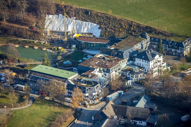Aerial photo, Romantikhotel und Wellnesshotel Deimann, construction site renovation, Winkhausen, Schmallenberg, Sauerland, North Rhine-Westphalia, Germany, Alte Handelsstraße, construction work, construction, construction area, building site, building plots, construction project, construction site, beerhouse, café, DE, Europe, inn, gastronomy, hotel, hotel facilities, hotel business, aerial view, aerial photography, aerial photography, renovation, restaurant, refurbishment, overview, conversion work, bird's eye view, Zum Sorpetal, birds-eyes view, overview