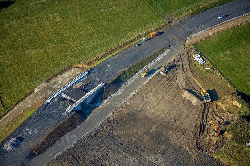 Aerial view, bridge construction bypass road L776n, Fredeburg, Schmallenberg, Sauerland, North Rhine-Westphalia, Germany, construction work, construction, construction area, building site, building plots, construction project, construction site, bridge, DE, Europe, aerial view, aerial photography, aerial photography, new construction, road construction, overview, bird's eye view, birds-eyes view, overview