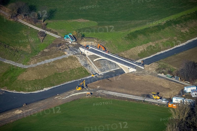 Aerial view, bridge construction bypass road L776n, Fredeburg, Schmallenberg, Sauerland, North Rhine-Westphalia, Germany, construction work, construction, construction area, building site, building plots, construction project, construction site, bridge, DE, Europe, aerial view, aerial photography, aerial photography, new construction, road construction, overview, bird's eye view, birds-eyes view, overview