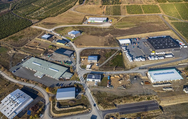 Aerial view, industrial park Hochsauerland, federal road B511, Bad Fredeburg, Wormbach, Schmallenberg, Sauerland, North Rhine-Westphalia, Germany, DE, Europe, commercial enterprises, commercial area, commercial park, commercial location, commercial use, industrial area, industrial building, industrial location, aerial view, aerial photography, aerial photography, overview, Ulmenweg, bird's-eye view, WGS Westfälischer Gastronomie Service GmbH, birds-eyes view, overview