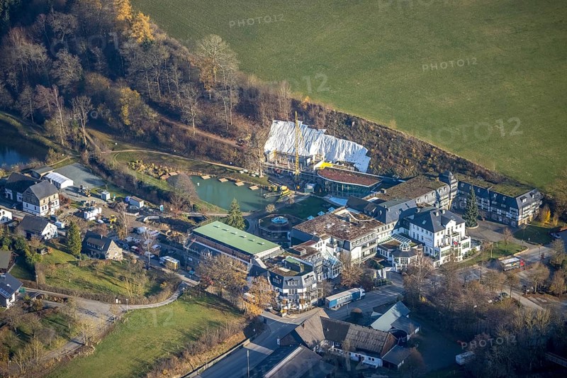 Aerial photo, Romantikhotel und Wellnesshotel Deimann, construction site renovation, Winkhausen, Schmallenberg, Sauerland, North Rhine-Westphalia, Germany, Alte Handelsstraße, construction work, construction, construction area, building site, building plots, construction project, construction site, beerhouse, café, DE, Europe, inn, gastronomy, hotel, hotel facilities, hotel business, aerial view, aerial photography, aerial photography, renovation, restaurant, refurbishment, overview, conversion work, bird's eye view, Zum Sorpetal, birds-eyes view, overview