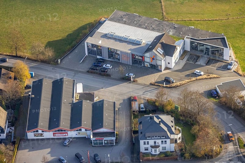 Aerial view, commercial area, Vollmers-Dünnebacke GmbH, shopping centre Markant, Schmallenberg, Sauerland, North Rhine-Westphalia, Germany, Auf der Lake, Bahnhofstraße, DE, Europe, commercial enterprises, commercial area, commercial park, commercial location, commercial use, industrial area, industrial building, industrial location, aerial photograph, aerial photography, aerial photography, overview, bird's-eye view, birds-eyes view, overview