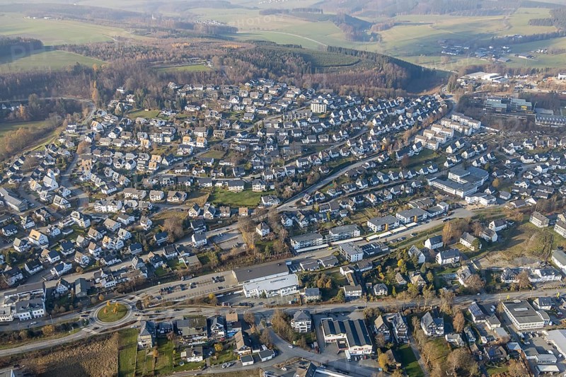 Aerial view, construction site, new residential quarter Am Alten Bahnhof, local view, Schmallenberg, Sauerland, North Rhine-Westphalia, Germany, construction area, building site, building plots, construction project, DE, Europe, Kotthoff Immobilien, aerial view, aerial photography, aerial photography, new construction, overview, bird's-eye view, overview