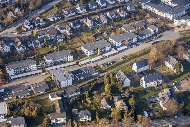 Aerial view, construction site, new residential quarter Am Alten Bahnhof, Schmallenberg, Sauerland, North Rhine-Westphalia, Germany, construction area, construction site, building plots, construction project, DE, Europe, Kotthoff Immobilien, aerial view, aerial photography, aerial photography, new construction, overview, bird's-eye view, overview