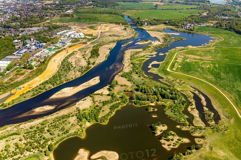 Aerial view, new mouth of the river Lippe near Wesel, Rhine, Rhine harbour, federal road connection B8 and B58, Wesel, Lower Rhine, Ruhr area, North Rhine-Westphalia, Germany